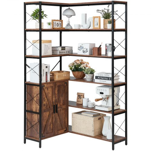 VEVOR 6 Tier Corner Bookshelf, 70" Tall Corner Bookcase with Storage Cabinet, 2 Barn Doors & 10 Storage Shelves, Farmhouse L Shaped Corner Display She