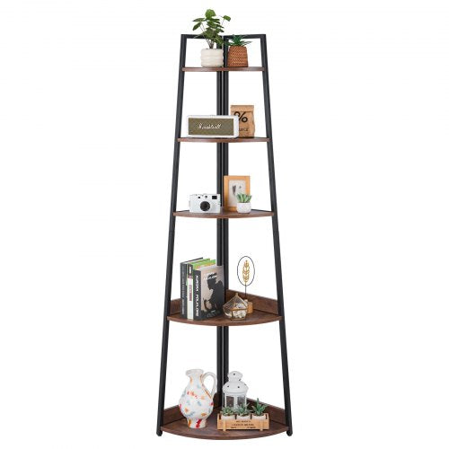 VEVOR 5 Tier Corner Shelf, Tall Corner Bookshelf Plant Rack, Wall Shelves Tower Storage Organizer with Metal Frame & Wooden Shelves, Narrow Display Bo