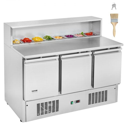 VEVOR Commercial Refrigerator Sandwich & Salad Prep Table, 337L Stainless Steel Refrigerated Food Prep Station with 5 Pans, Clean Brush, 3 Doors Direc