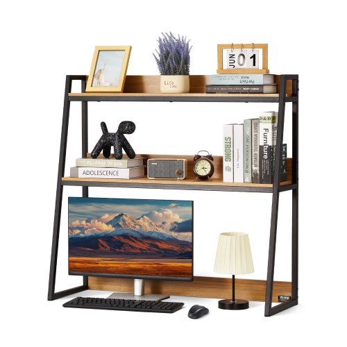 VEVOR Desktop Bookshelf, 2-Tier Desktop Storage Organizer, 37.4" x 12.6" x 35.4" Office Storage Rack Wood Color Display Shelf, Desktop Bookshelf Hutch