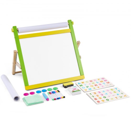 VEVOR Tabletop Art Easel for Kids, 3-in-1 Wooden Double-Sided Kid's Art Easel with Magnetic Whiteboard, Chalkboard, Paper Roll, Foldable Portable Draw