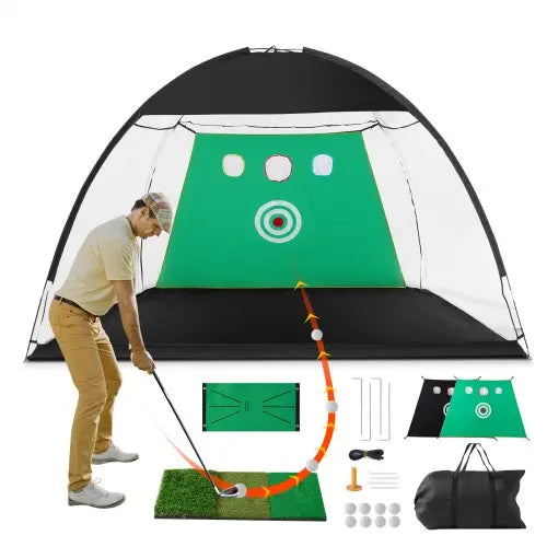 VEVOR Golf Net, 10x7ft All in 1 Practice Net, Indoor Outdoor Home Golf Swing Training, Golf Hitting Aid Net with Target/Turf Mats/Balls/Tee/Golf Club/ Matron Inn