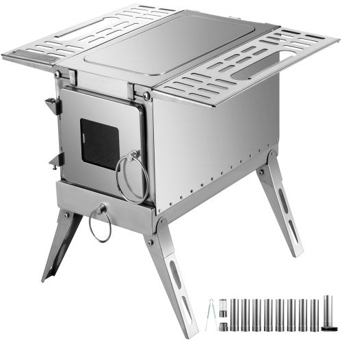 VEVOR Tent Wood Stove 18.3x15x14.17 inch, Camping Wood Stove 304 Stainless Steel With Folding Pipe, Portable Wood Stove 90.6 inch Total Height For Cam