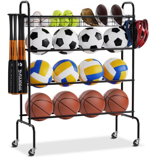 VEVOR Basketball Rack, 4-Layers Rolling Basketball Shooting Training Stand, Sports Equipment Storage Organizer with Wheels, Hooks and Baskets, Garage