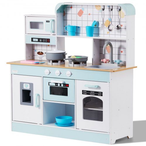 VEVOR Play Kitchen for Kids, Wooden Toy Kitchen Set with Lights and Sounds, Toddler Kitchen with Ice Maker, Oven, Sink, Microwaves, Fridge and Utensil