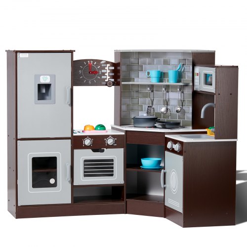 VEVOR Corner Wooden Play Kitchen, Toy Set with Lights and Sounds, Toddler Kitchen with Ice Maker, Oven, Sink, Clock, Microwaves, Refrigerator and Acce