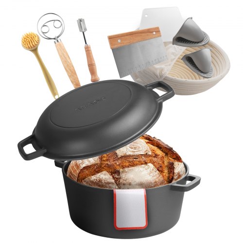 VEVOR Cast Iron Dutch Oven, 2-in-1 Pre-Seasoned Pot with Skillet Lid, 5QT Cookware Pan with Proofing Basket, Bread Baking Accessories, Bread-Oven Comp