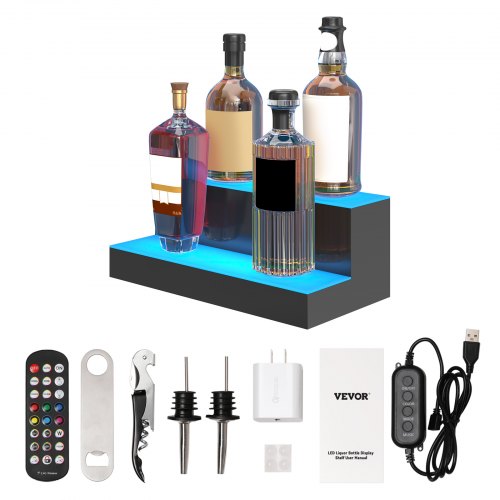 VEVOR LED Lighted Liquor Bottle Display, 2 Tiers 16 Inches, Supports USB, Illuminated Home Bar Shelf with RF Remote & App Control 7 Static Colors 1-4 