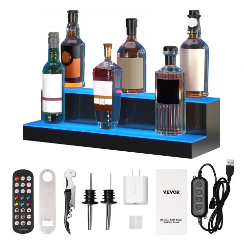 VEVOR LED Lighted Liquor Bottle Display, 2 Tiers 24 Inches, Supports USB, Illuminated Home Bar Shelf with RF Remote & App Control 7 Static Colors 1-4 