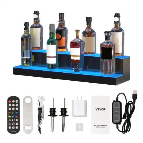 VEVOR LED Lighted Liquor Bottle Display, 2 Tiers 30 Inches, Illuminated Home Bar Shelf with RF Remote & App Control 7 Static Colors 1-4 H Timing, Acry Matron Inn