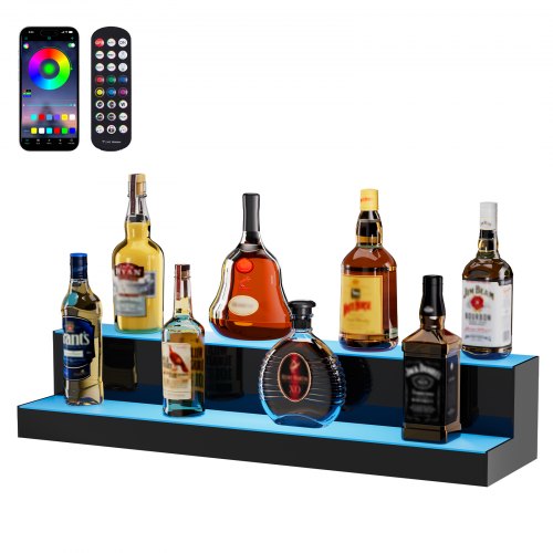 VEVOR LED Lighted Liquor Bottle Display, 2 Tiers 30 Inches, Illuminated Home Bar Shelf with RF Remote & App Control 7 Static Colors 1-4 H Timing, Acry