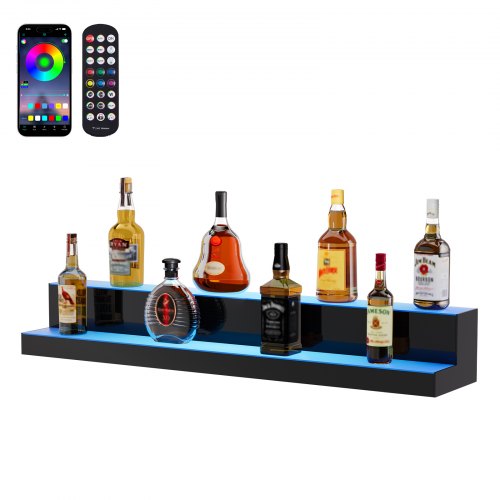 VEVOR LED Lighted Liquor Bottle Display, 2 Tiers 40 Inch Commercial Illuminated Home Bar Shelf, 2 Steps Whiskey Rack Stand, Acrylic Drink Shelves with
