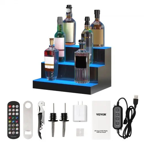 VEVOR LED Lighted Liquor Bottle Display, 3 Tiers 16 Inches, Supports USB, Illuminated Home Bar Shelf with RF Remote & App Control 7 Static Colors 1-4 Matron Inn