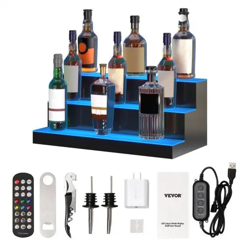 VEVOR LED Lighted Liquor Bottle Display, 3 Tiers 24 Inches, Supports USB, Illuminated Home Bar Shelf with RF Remote & App Control 7 Static Colors 1-4 Matron Inn