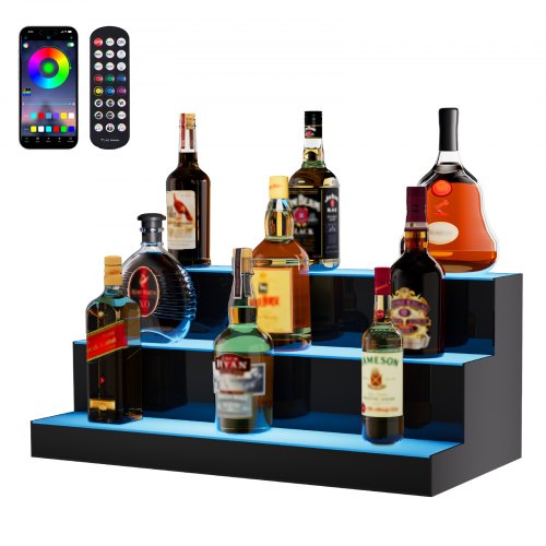 VEVOR LED Lighted Liquor Bottle Display, 3 Tiers 24 Inch Commercial Illuminated Home Bar Shelf, 3 Steps Whiskey Rack Stand, Acrylic Drink Shelves with