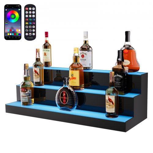 VEVOR LED Lighted Liquor Bottle Display, 3 Tiers 30 Inch Commercial Illuminated Home Bar Shelf, 3 Steps Whiskey Rack Stand, Acrylic Drink Shelves with
