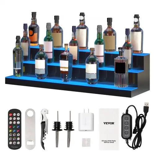VEVOR LED Lighted Liquor Bottle Display, 3 Tiers 40 Inches, Illuminated Home Bar Shelf with RF Remote & App Control 7 Static Colors 1-4 H Timing, Acry Matron Inn