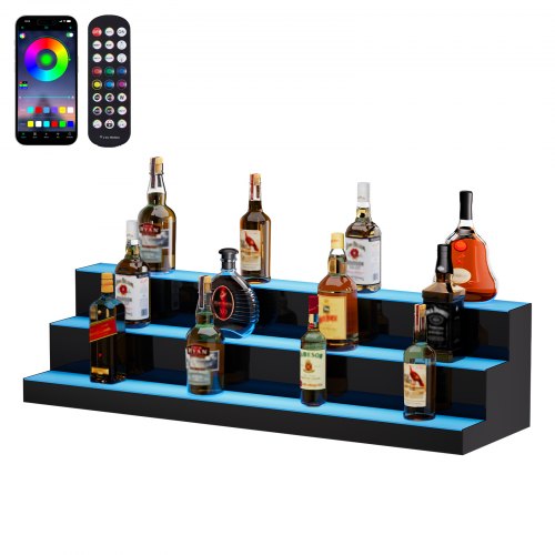 VEVOR LED Lighted Liquor Bottle Display, 3 Tiers 40 Inch Commercial Illuminated Home Bar Shelf, 3 Steps Whiskey Rack Stand, Acrylic Drink Shelves with