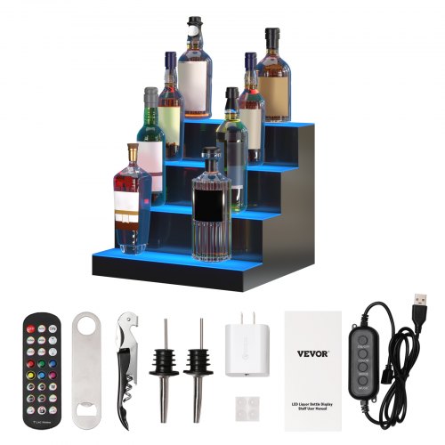 VEVOR LED Lighted Liquor Bottle Display, 4 Tiers 16 Inches, Supports USB, Illuminated Home Bar Shelf with RF Remote & App Control 7 Static Colors 1-4