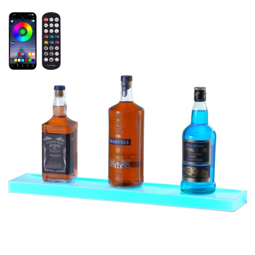 VEVOR LED Lighted Liquor Bottle Display, 1 Tier 600 mm Wall Mounted Whiskey Rack Stand, 1 Step Commercial Illuminated Home Bar Shelf, Acrylic Drinks l