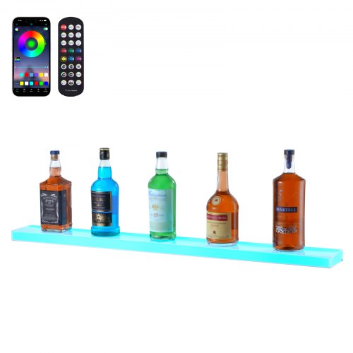 VEVOR LED Lighted Liquor Bottle Display, 1 Tier 40 Inch Wall Mounted Whiskey Rack Stand, 1 Step Commercial Illuminated Home Bar Shelf, Acrylic Drinks