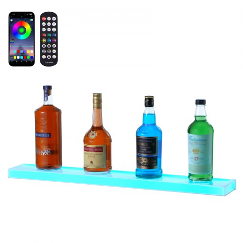 VEVOR LED Lighted Liquor Bottle Display, 1 Tier 30 Inch Wall Mounted Whiskey Rack Stand, 1 Step Commercial Illuminated Home Bar Shelf, Acrylic Drinks