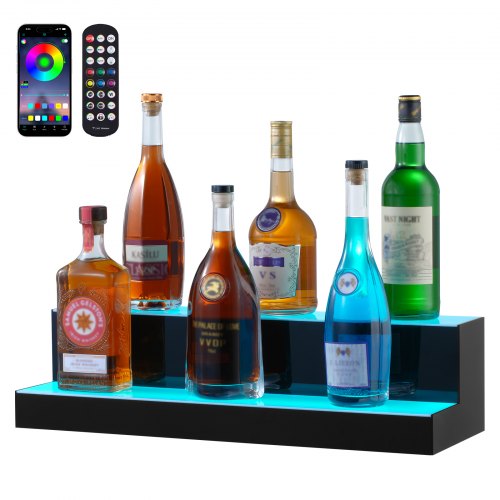 VEVOR LED Lighted Liquor Bottle Display, 2 Tiers 24 Inch Commercial Illuminated Home Bar Shelf, 2 Steps Whiskey Rack Stand, Acrylic Drink Shelves with