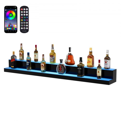 VEVOR LED Lighted Liquor Bottle Display, 2 Tiers 60 Inch Commercial Illuminated Home Bar Shelf, 2 Steps Whiskey Rack Stand, Acrylic Drink Shelves with