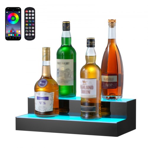 VEVOR LED Lighted Liquor Bottle Display, 2 Tiers 16 Inch Commercial Illuminated Home Bar Shelf, 2 Steps Whiskey Rack Stand, Acrylic Drink Shelves with