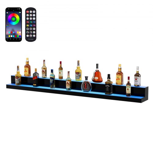 VEVOR LED Lighted Liquor Bottle Display, 2 Tiers 72 Inch Commercial Illuminated Home Bar Shelf, 2 Steps Whiskey Rack Stand, Acrylic Drink Shelves with