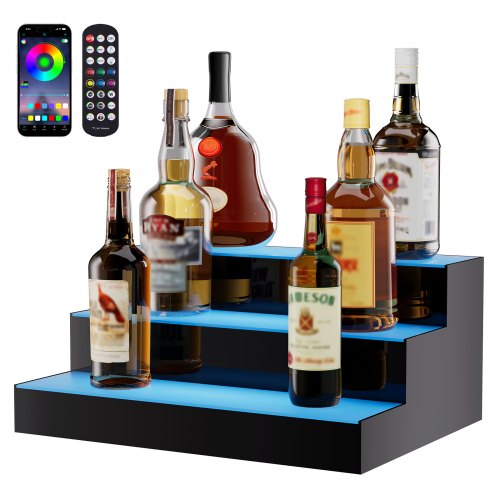 VEVOR LED Lighted Liquor Bottle Display, 3 Tiers 16 Inch Commercial Illuminated Home Bar Shelf, 3 Steps Whiskey Rack Stand, Acrylic Drink Shelves with