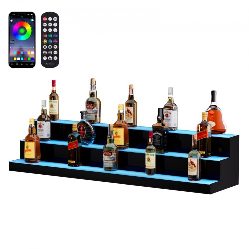 VEVOR LED Lighted Liquor Bottle Display, 3 Tiers 48 Inch Commercial Illuminated Home Bar Shelf, 3 Steps Whiskey Rack Stand, Acrylic Drink Shelves with