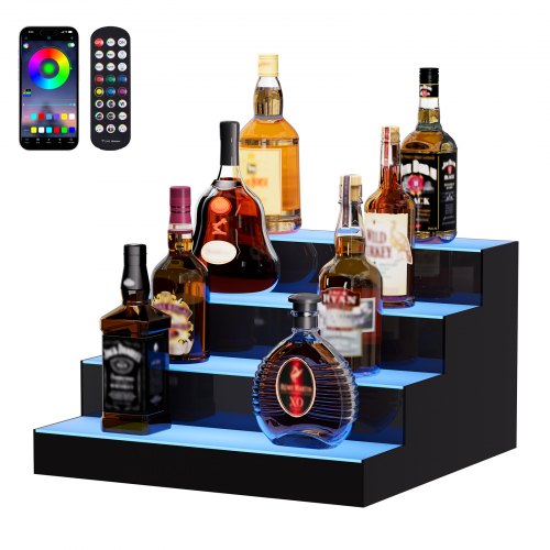 VEVOR LED Lighted Liquor Bottle Display, 4 Tiers 16 Inch Commercial Illuminated Home Bar Shelf, 4 Steps Whiskey Rack Stand, Acrylic Drink Shelves with