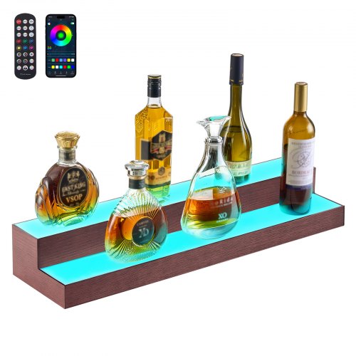 VEVOR LED Lighted Liquor Bottle Display, 2-Tier 30-Inch Whiskey Rack, Support USB, Illuminated Home Bar Shelf with RF Remote & App Control, 7 Static C
