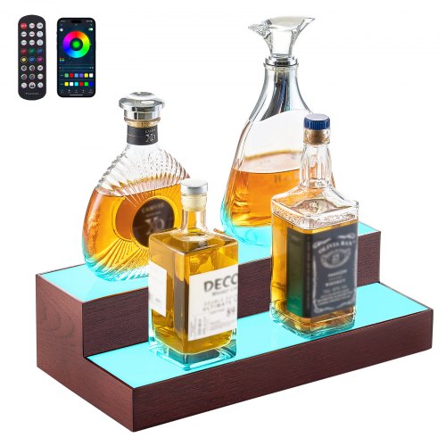 VEVOR LED Lighted Liquor Bottle Display, 2-Tier 16 Inch Whiskey Rack, Supports USB, Illuminated Home Bar Shelf with RF Remote & App Control, 7 Static