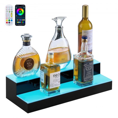 VEVOR LED Lighted Liquor Bottle Display, 2 Tiers 20 Inches Whiskey Rack, Supports USB, Illuminated Home Bar Shelf with RF Remote & App Control, 9 Stat