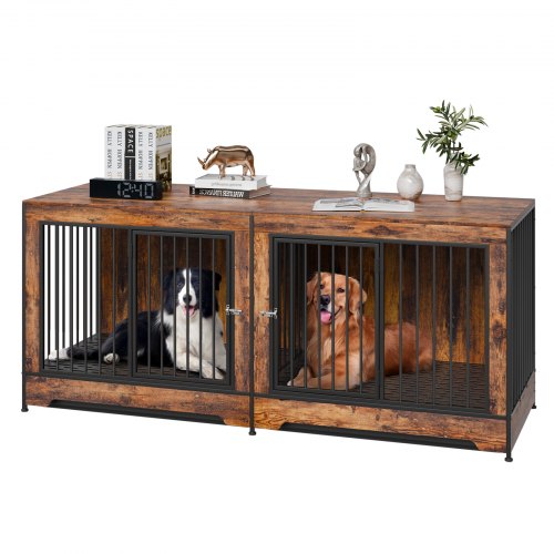 VEVOR 75" Dog Crate Furniture for 2 Dogs, Extra Large Double Dog Crate Furniture Large Breed with Divider & Double Doors, Large Wooden Dog Crate Furni