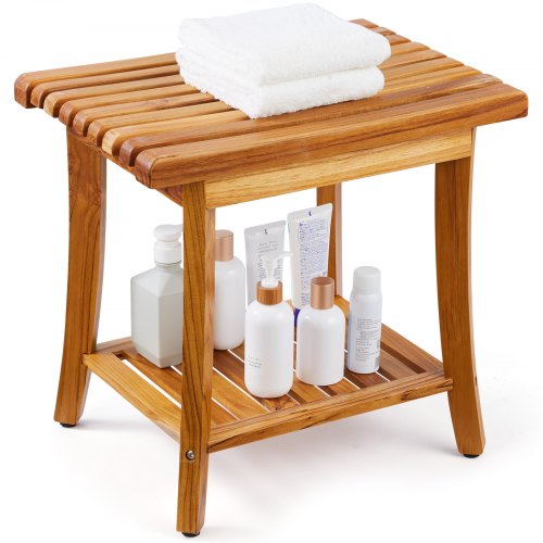 VEVOR Teak Shower Bench, 20 x 14.3 x 17.9 in, Waterproof Wood Shower Stool with Storage Shelf Non-Slip Foot Pads, 400 lbs Maximum Load Capacity Shower