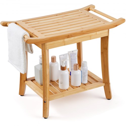 VEVOR Bamboo Shower Bench, 24 x 13.8 x 18.9 in, Waterproof Shower Stool Chair with Storage Shelf Handle, 300 lbs Load Capacity Spa Bath Seat Organizer