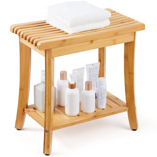 VEVOR Bamboo Shower Bench, 19.1 x 11.3 x 18.3 in, Waterproof Shower Stool Chair with Storage Shelf, 330lbs Load Capacity Spa Bath Seat Organizer, for