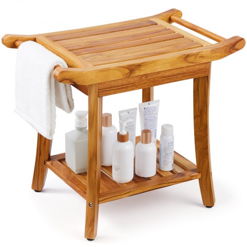 VEVOR Teak Shower Bench, 22 x 14.4 x 18.5 in, Waterproof Wood Shower Stool with Storage Shelf Handle Non-Slip Feet, 300 lbs Maximum Load Capacity Show