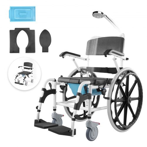 VEVOR Shower Wheelchair, 17.5in Width Aluminum Alloy Bathroom Wheelchair for Inside Shower, Adjustable Rolling Shower Chair w- Brake for Disabled Adul