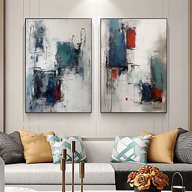 conjunto feito à mão de 2 pinturas abstratas azuis e vermelhas pintura minimalista feita à mão em tela pinturas abstratas modernas de arte de parede pintadas à