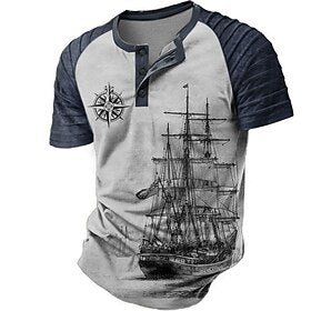 Navio Pirata Retro Vintage Góticas Homens Impressão 3D Camiseta Festa Rua Camiseta Azul Marron Cinzento Manga Curta Colar Henley Camisa Verão Primavera Roupa S