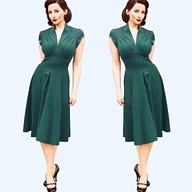 Retro Vintage 1950s Dress A-Line Dress Swing Dress Midi Women's Solid Color Deep V Event - Party Dress