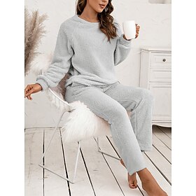 Women's Fleece Fuzzy Fluffy Fuzzy Warm Pajama Sets Pure Color Fashion Casual Soft Home Daily Bed Polyester Warm Breathable Crew Neck Long Sleeve Pant Fall Wint