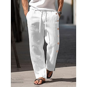 40% Linen Men's Linen Pants Trousers Summer Pants Drawstring Elastic Waist Side Button Plain Breathable Comfortable Office - Career Daily Vacation Classic Casu