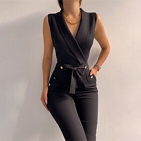 Black Jumpsuit for Women Dressy Pocket High Waist Solid Color V Neck Elegant Party Office Regular Fit Sleeveless Green Blue Red S M L Fall Spring