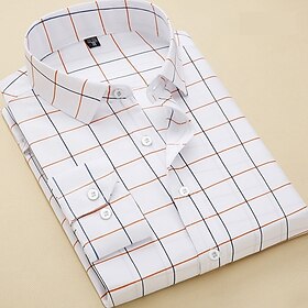 Men's Dress Shirt White Navy Blue Blue Long Sleeve Plaid - Striped - Chevron - Round Square Neck Spring   Fall Wedding Weekend Clothing Apparel