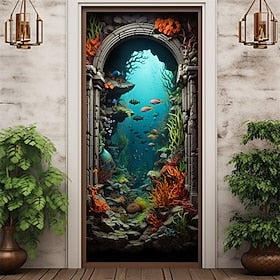 Undersea Cave Door Covers Mural Decor Door Tapestry Door Curtain Decoration Backdrop Door Banner Removable for Front Door Indoor Outdoor Home Room Decoration F